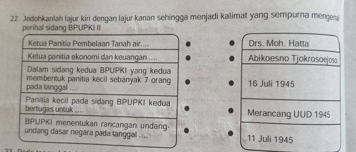 Jodohkanlah lajur kiri dengan lajur kanan sehingga menjadi kalimat yang sempurna mengenai 
perihal sidang BPUPKI II