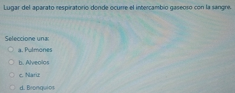 Lugar del aparato respiratorio donde ocurre el intercambio gaseoso con la sangre.
Seleccione una:
a. Pulmones
b. Alveolos
c. Nariz
d. Bronquios