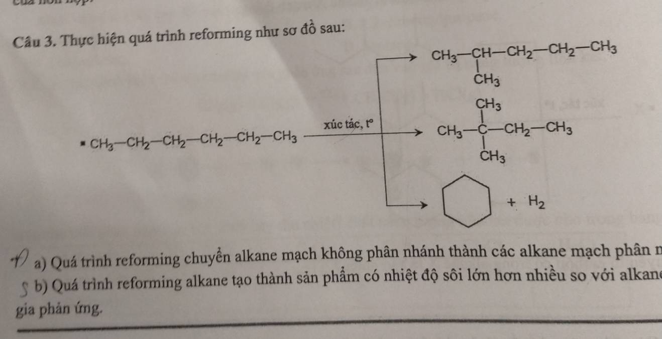 Cầrming như sơ đồ sau:
a) Quá trình reforming chuyển alkane mạch không phân nhánh thành các alkane mạch phân n
b) Quá trình reforming alkane tạo thành sản phẩm có nhiệt độ sôi lớn hơn nhiều so với alkan
gia phản ứng.