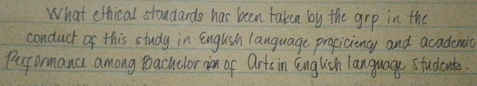 What etfical standards has been taken by the grp in the 
conduct of this study in english language proficiency and academic 
Performance among Boachelorion of arts in English language studcnts.