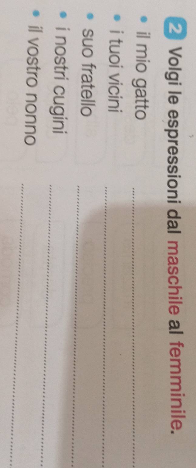 Volgi le espressioni dal maschile al femminile. 
il mio gatto_ 
_ 
i tuoi vicini 
_ 
suo fratello 
_ 
i nostri cugini 
_ 
il vostro nonno
