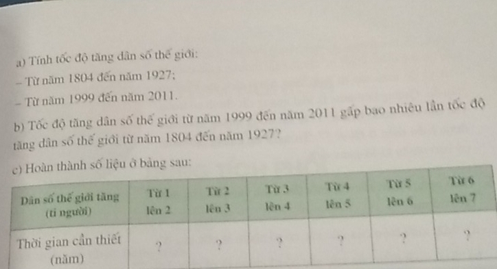 Tính tốc độ tăng dân số thể giới: 
- Từ năm 1804 đến năm 1927; 
Từ năm 1999 đến năm 2011. 
b) Tốc độ tăng dân số thế giới từ năm 1999 đến năm 2011 gấp bao nhiêu lần tốc độ 
tăng dân số thế giới từ năm 1804 đến năm 1927?