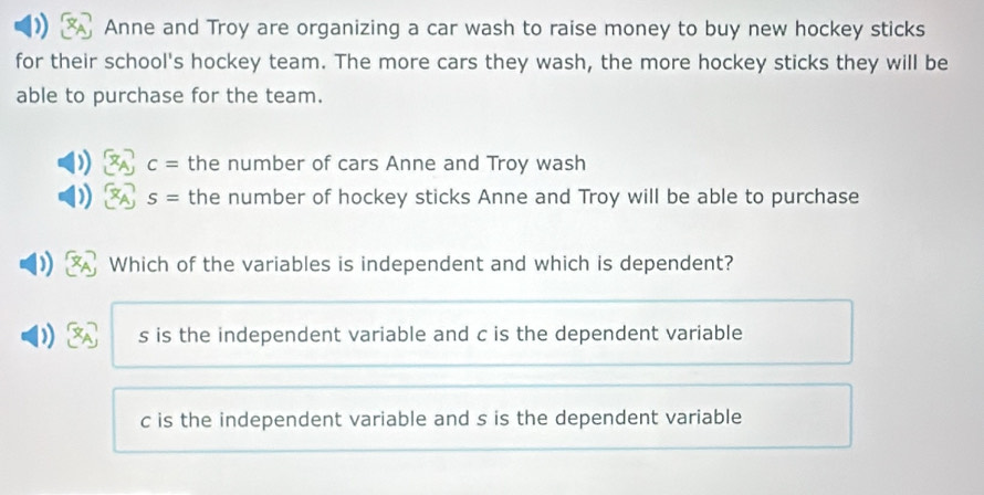 Anne and Troy are organizing a car wash to raise money to buy new hockey sticks
for their school's hockey team. The more cars they wash, the more hockey sticks they will be
able to purchase for the team.
c= the number of cars Anne and Troy wash
s= the number of hockey sticks Anne and Troy will be able to purchase
Which of the variables is independent and which is dependent?
s is the independent variable and c is the dependent variable
c is the independent variable and s is the dependent variable