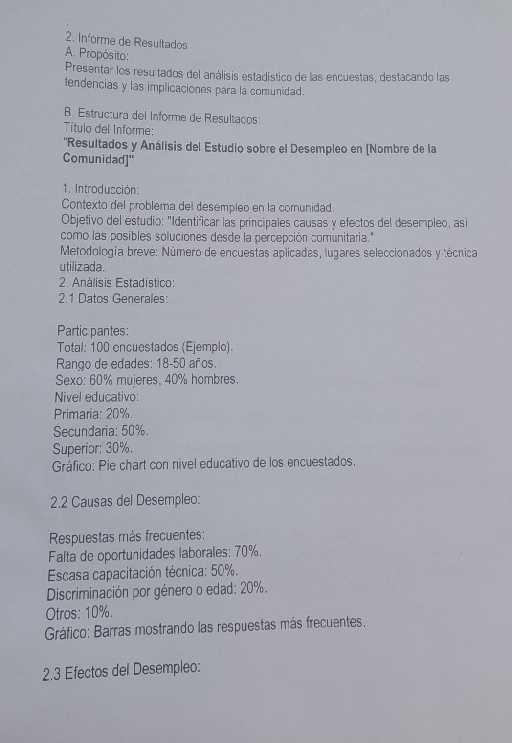 Informe de Resultados 
A. Propósito: 
Presentar los resultados del análisis estadístico de las encuestas, destacando las 
tendencias y las implicaciones para la comunidad. 
B. Estructura del Informe de Resultados: 
Título del Informe: 
"Resultados y Análisis del Estudio sobre el Desempleo en [Nombre de la 
Comunidad]'' 
1. Introducción: 
Contexto del problema del desempleo en la comunidad. 
Objetivo del estudio: "Identificar las principales causas y efectos del desempleo, así 
como las posibles soluciones desde la percepción comunitaria." 
Metodología breve: Número de encuestas aplicadas, lugares seleccionados y técnica 
utilizada. 
2. Análisis Estadístico: 
2.1 Datos Generales: 
Participantes: 
Total: 100 encuestados (Ejemplo). 
Rango de edades: 18-50 años. 
Sexo: 60% mujeres, 40% hombres. 
Nivel educativo: 
Primaria: 20%. 
Secundaria: 50%. 
Superior: 30%. 
Gráfico: Pie chart con nivel educativo de los encuestados. 
2.2 Causas del Desempleo: 
Respuestas más frecuentes: 
Falta de oportunidades laborales: 70%. 
Escasa capacitación técnica: 50%. 
Discriminación por género o edad: 20%. 
Otros: 10%. 
Gráfico: Barras mostrando las respuestas más frecuentes. 
2.3 Efectos del Desempleo: