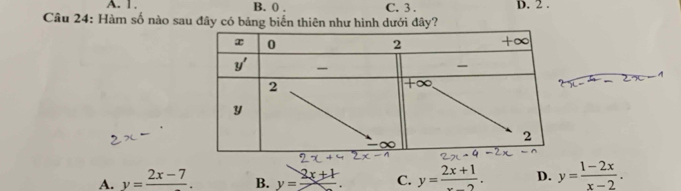 A. 1 . B. 0 . C. 3 . D. 2 .
Câu 24: Hàm số nào sau đây có bảng biến thiên như hình dưới đây?
A. y=frac 2x-7. B. y=frac 2x+1. C. y= (2x+1)/x-2 . D. y= (1-2x)/x-2 .