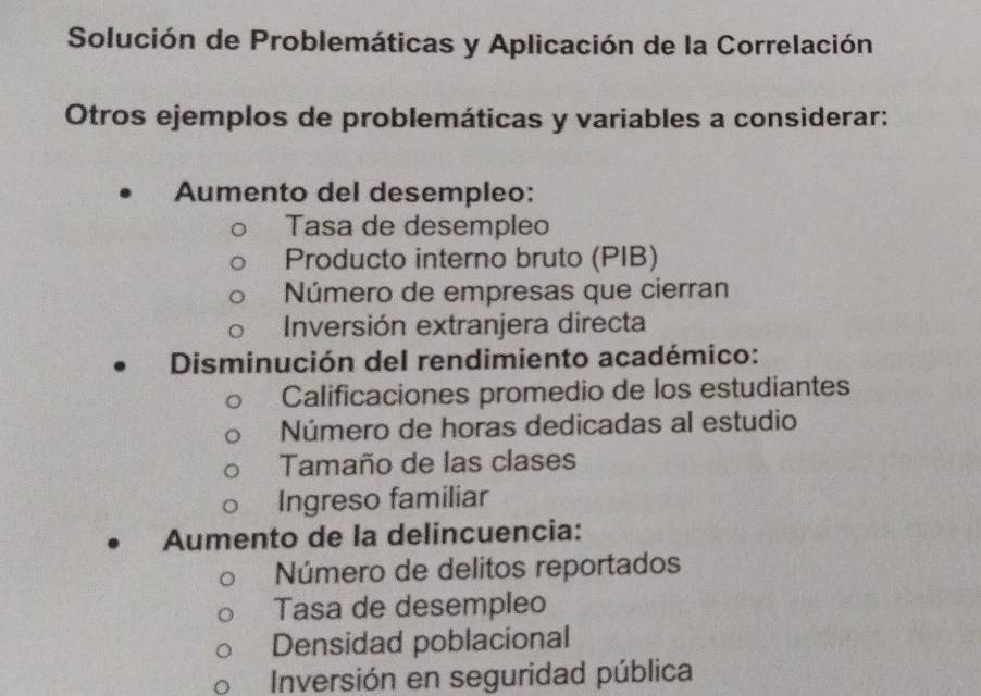 Solución de Problemáticas y Aplicación de la Correlación
Otros ejemplos de problemáticas y variables a considerar:
Aumento del desempleo:
Tasa de desempleo
Producto interno bruto (PIB)
Número de empresas que cierran
Inversión extranjera directa
Disminución del rendimiento académico:
Calificaciones promedio de los estudiantes
Número de horas dedicadas al estudio
Tamaño de las clases
Ingreso familiar
Aumento de la delincuencia:
Número de delitos reportados
Tasa de desempleo
Densidad poblacional
Inversión en seguridad pública