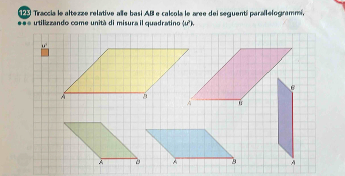 Traccia le altezze relative alle basi AB e calcola le aree dei seguentí parallelogrammi,
●●* utilizzando come unità di misura il quadratino (u^2).