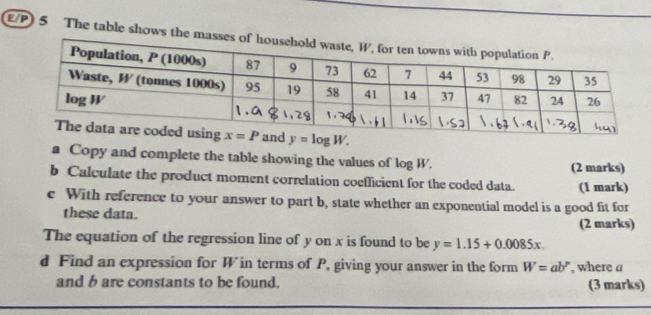 E/P) 5 The table shows the m
y=log W.
a Copy and complete the table showing the values of log W.
(2 marks)
b Calculate the product moment correlation coefficient for the coded data. (1 mark)
e With reference to your answer to part b, state whether an exponential model is a good fit for
these data.
(2 marks)
The equation of the regression line of y on x is found to be y=1.15+0.0085x.
d Find an expression for W in terms of P, giving your answer in the form W=ab^p , where a
and b are constants to be found. (3 marks)