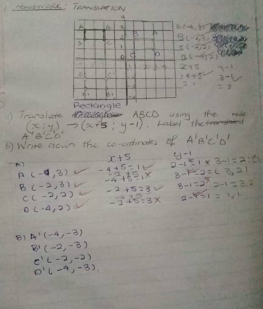 HOUEWORK TRANSUTION
A(-4,3)
B(-2,3)
C(-2,2) 4
D(-4,sqrt(2))
2c+5 y-1
=4+5 3-1C
=1 =2
)Tranolate g ABCD using, the rure
(x:y)to (x+5;y-1). rabel the 
A B'C'D''
Write cown the co-ordmates of A'B'C'D'
x+5
A(-1,3) -4+5=16 2-1^c-1* 3-1=2=(1 y-1
A)
3-k≤ 2=(3,2)
B (-2,3)
-2+5=3 3-1=2^x2-1=3.2
C (-2,2)
-4+5
-2+5=3x 2-F=1=1,1. 
O (-4,2)
B) A'(-4,-3)
B'(-2,-3)
C'(-2,-2)
D'(-4,-3)