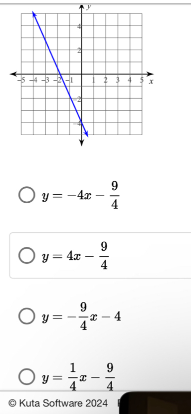 y
y=-4x- 9/4 
y=4x- 9/4 
y=- 9/4 x-4
y= 1/4 x- 9/4 
Kuta Software 2024