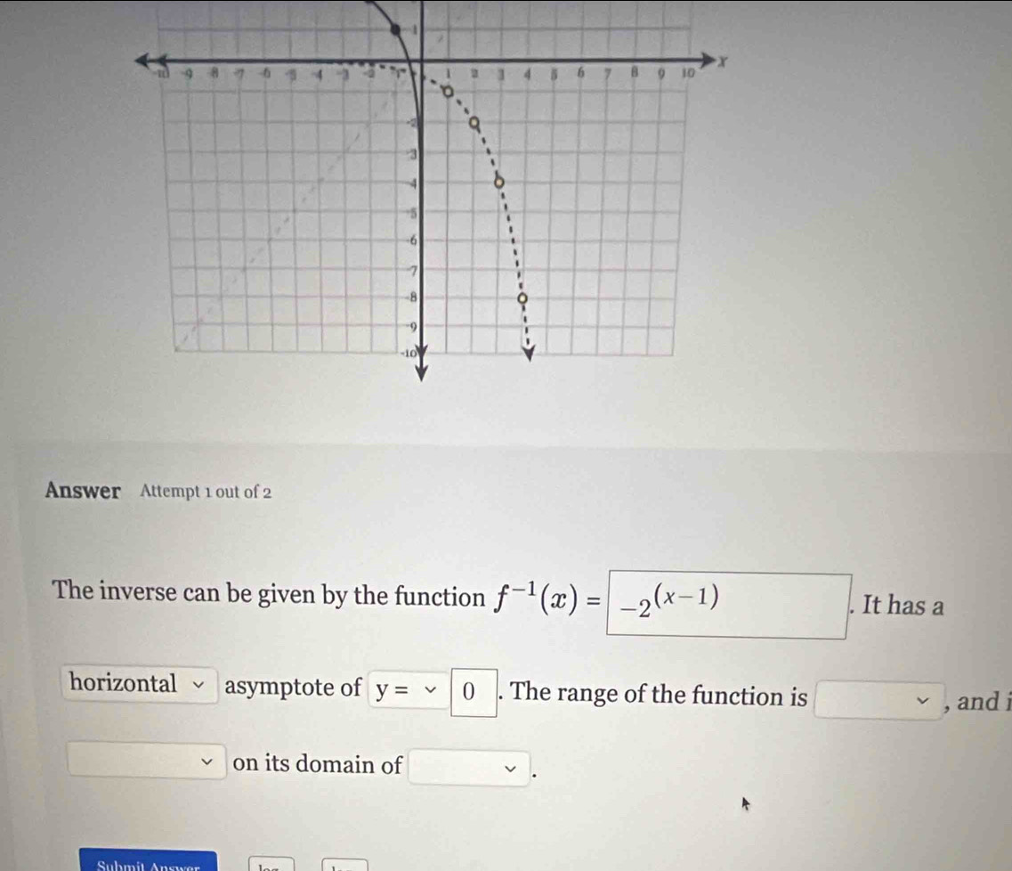 Answer Attempt 1 out of 2 
The inverse can be given by the function f^(-1)(x)=|_-2(x-1). It has a 
horizontal asymptote of y= 2 . The range of the function is □ vee  , and i 
on its domain of 
. 
Submit Answer