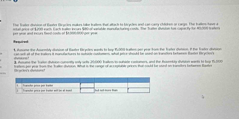 The Trailer division of Baxter Bicycles makes bike trailers that attach to bicycles and can carry children or cargo. The trailers have a 
retail price of $200 each. Each trailer incurs $80 of variable manufacturing costs. The Trailer division has capacity for 40,000 trailers 
per year and incurs fixed costs of $1,000,000 per year. 
Required: 
1. Assume the Assembly division of Baxter Bicycles wants to buy 15,000 trailers per year from the Trailer division. If the Trailer division 
can seli all of the trailers it manufactures to outside customers, what price should be used on transfers between Baxter Bicycles's 
divisions? 
2. Assume the Trailer division currently only sells 20,000 Trailers to outside customers, and the Assembly division wants to buy 15,000
trailers per year from the Trailer division. What is the range of acceptable prices that could be used on transfers between Baxter 
Bicycles's divisions?