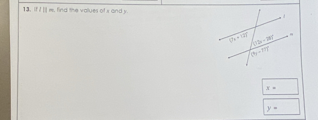 If l||m , find the values of x and y.
x=
y=