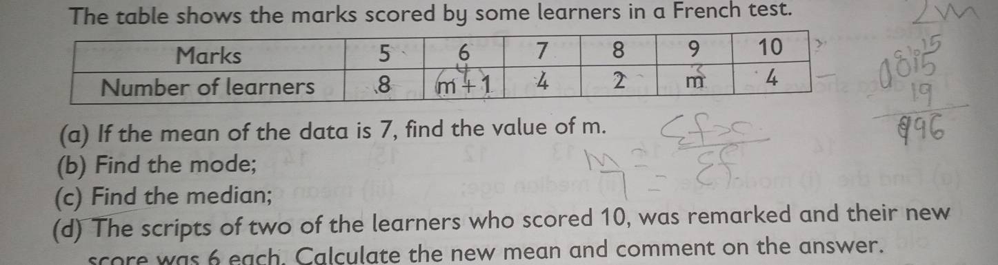 The table shows the marks scored by some learners in a French test.
(a) If the mean of the data is 7, find the value of m.
(b) Find the mode;
(c) Find the median;
(d) The scripts of two of the learners who scored 10, was remarked and their new
score was 6 each. Calculate the new mean and comment on the answer.