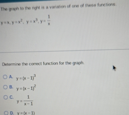 The graph to the right is a variation of one of these functions.
y=x, y=x^2, y=x^3, y= 1/x 
Determine the correct function for the graph.
A. y=(x-1)^3
B. y=(x-1)^2
C. y= 1/x-1 
D. v=(x-1)