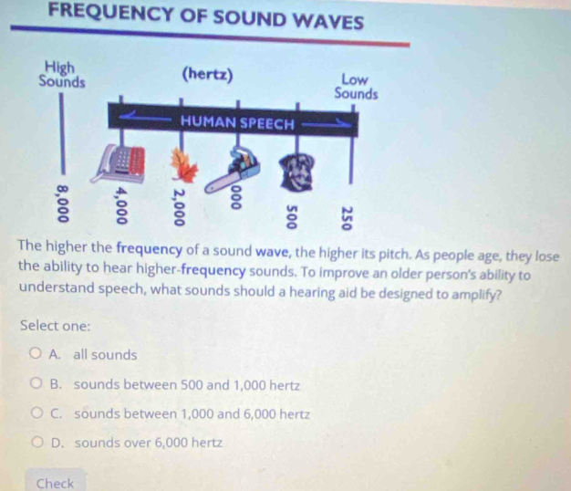 FREQUENCY OF SOUND WAVES
The higher the frequency of a sound wave, the higher its pitch. As people age, they lose
the ability to hear higher-frequency sounds. To improve an older person's ability to
understand speech, what sounds should a hearing aid be designed to amplify?
Select one:
A. all sounds
B. sounds between 500 and 1,000 hertz
C. sounds between 1,000 and 6,000 hertz
D. sounds over 6,000 hertz
Check