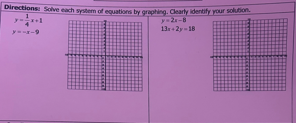 Directions: Solve each system of equations by graphing. Clearly identify your solution.
y= 1/4 x+1
y=2x-8
y=-x-9
13x+2y=18