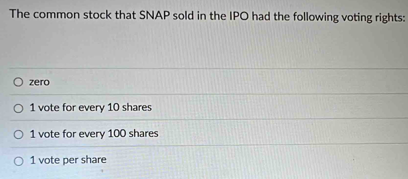 The common stock that SNAP sold in the IPO had the following voting rights: 
zero
1 vote for every 10 shares
1 vote for every 100 shares
1 vote per share