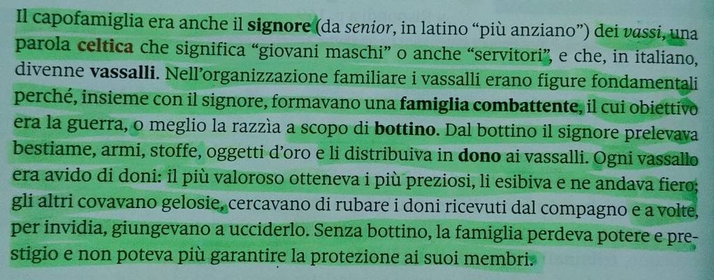 Il capofamiglia era anche il signore (da senior, in latino “più anziano”) dei vassi, una 
parola celtica che significa “giovani maschi” o anche “servitori”, e che, in italiano, 
divenne vassalli. Nell’organizzazione familiare i vassalli erano figure fondamentali 
perché, insieme con il signore, formavano una famiglia combattente, il cui obiettivo 
era la guerra, o meglio la razzìa a scopo di bottino. Dal bottino il signore prelevava 
bestiame, armi, stoffe, oggetti d’oro e li distribuiva in dono ai vassalli. Ogni vassallo 
era avido di doni: il più valoroso otteneva i più preziosi, li esibiva e ne andava fiero; 
gli altri covavano gelosie, cercavano di rubare i doni ricevuti dal compagno e a volte, 
per invidia, giungevano a ucciderlo. Senza bottino, la famiglia perdeva potere e pre- 
stigio e non poteva più garantire la protezione ai suoi membri.