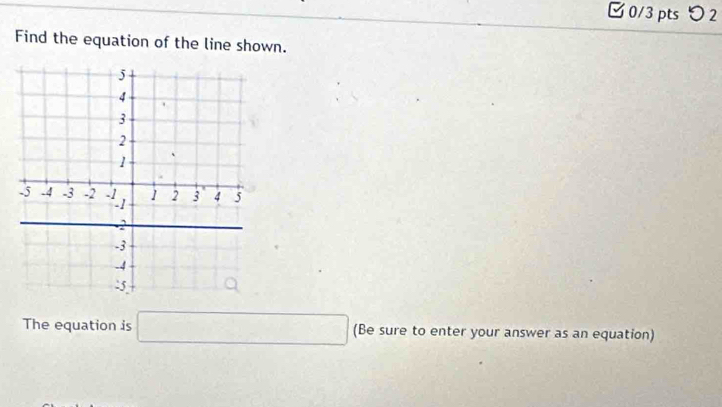 □ 0/3 pts つ 2 
Find the equation of the line shown. 
The equation is □ (Be sure to enter your answer as an equation)