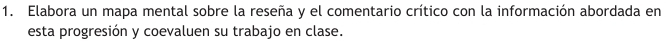 Elabora un mapa mental sobre la reseña y el comentario crítico con la información abordada en 
esta progresión y coevaluen su trabajo en clase.
