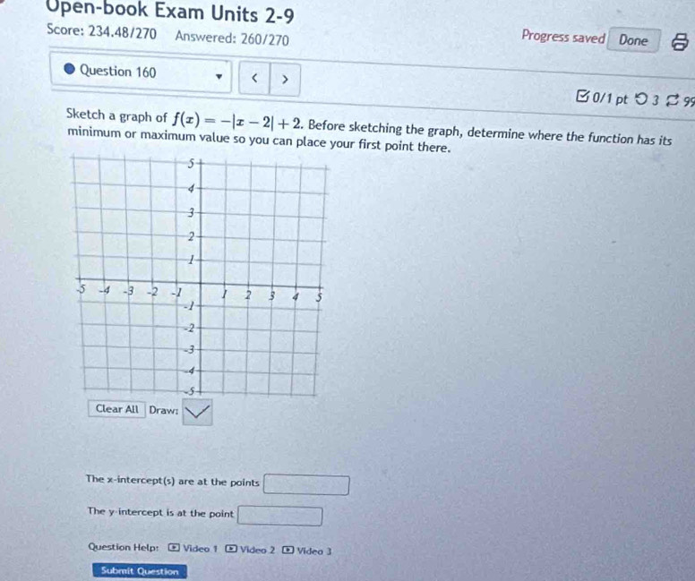 Upen-book Exam Units 2-9 
Score: 234.48/270 Answered: 260/270 
Progress saved Done 
< 7 
Question 160 B 0/1 pt つ 3 % 99 
Sketch a graph of f(x)=-|x-2|+2. Before sketching the graph, determine where the function has its 
minimum or maximum value so you can place your first point there. 
Clear All Draw: 
The x-intercept(s) are at the points □
The y-intercept is at the point □ 
Question Help: . Video 1 _ 6 Video 2 odot Videa 3 
Submit Question