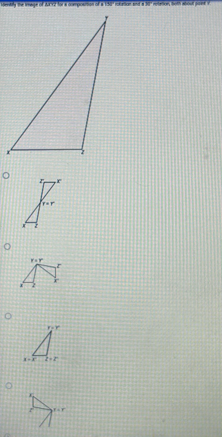 identify the image of AXYZ for a composition of a 150° rotation and a 30° roltation, both about point Y
Y=Y°

X 2