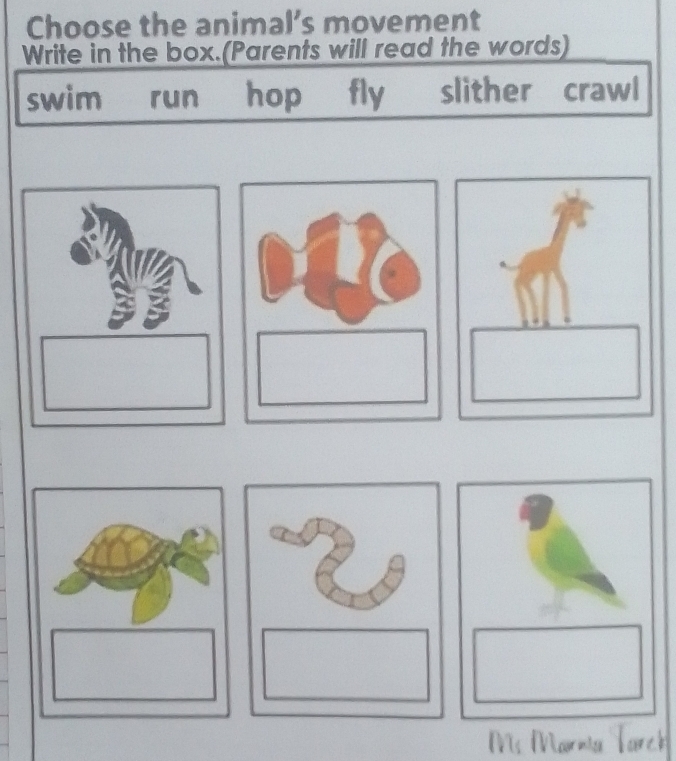 Choose the animal’s movement 
Write in the box.(Parents will read the words) 
swim run hop fly slither crawl