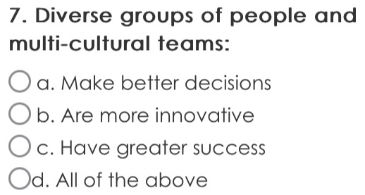 Diverse groups of people and
multi-cultural teams:
a. Make better decisions
b. Are more innovative
c. Have greater success
d. All of the above