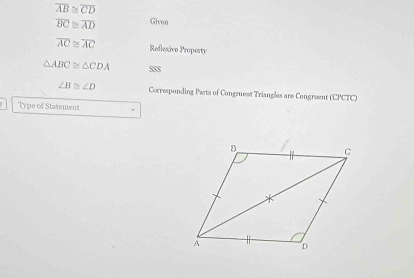 overline AB≌ overline CD
overline BC≌ overline AD
Given
overline AC≌ overline AC Reflexive Property
△ ABC≌ △ CDA SSS
∠ B≌ ∠ D Corresponding Parts of Congruent Triangles are Congruent (CPCTC) 
Type of Statement