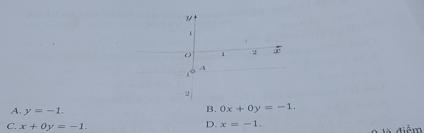 A. y=-1. B. 0x+0y=-1.
C. x+0y=-1.
D. x=-1. 
0 là điểm