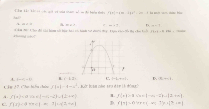 Tất cả các giả trị của tham số m để biểu thức f(x)=(m-2)x^2+2x-3 là một tam thức bậc
hai?
A. m∈ R. B. m!= 2. C. m>2. D. m<2</tex>. 
Cầu 20: Cho đồ thị hàm số bậc hai có hình vẽ dưới đây. Dựa vào đồ thị cho biết f(x)>0 khì x thuộc
khoáng nào?
A. (-∈fty ,-1). B. (-1:2). C. (-1;+∈fty ). D. (0;+∈fty ). 
Câu 27. Cho biểu thức f(x)=4-x^2. Kết luận nào sau đây là đúng?
B.
A. f(x)≤ 0forall x∈ (-∈fty ;-2)∪ (2;+∈fty ). f(x)≥ 0forall x∈ (-∈fty ;-2)∪ (2;+∈fty ).
D.
C. f(x)<0forall x∈ (-∈fty ;-2)∪ (2;+∈fty ) f(x)>0forall x∈ (-∈fty ;-2)∪ (2;+∈fty ).