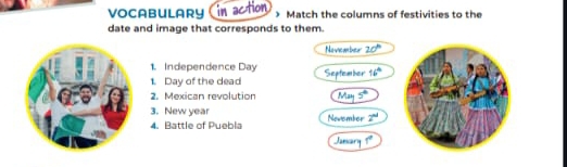 VOCABULARY in action ) Match the columns of festivities to the 
date and image that corresponds to them. 
Novicamber 20°
1. Independence Day Septcmtheur 16°
1. Day of the dead 
2. Mexican revolution May 5°
3. New year 
4. Battle of Puebla Nevember 2^(nd)
Jassan 1°