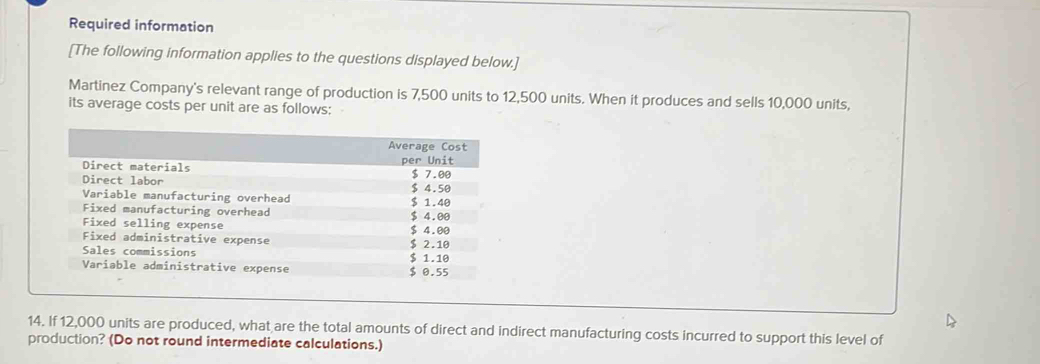 Required information 
[The following information applies to the questions displayed below.] 
Martinez Company's relevant range of production is 7,500 units to 12,500 units. When it produces and sells 10,000 units, 
its average costs per unit are as follows: 
14. If 12,000 units are produced, what are the total amounts of direct and indirect manufacturing costs incurred to support this level of 
production? (Do not round intermediate calculations.)