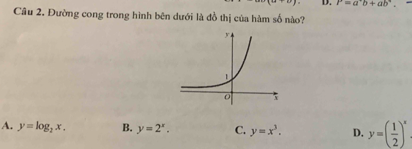 P=a^+b+ab^4. 
Câu 2. Đường cong trong hình bên dưới là đồ thị của hàm số nào?
A. y=log _2x. B. y=2^x. C. y=x^3. D. y=( 1/2 )^x