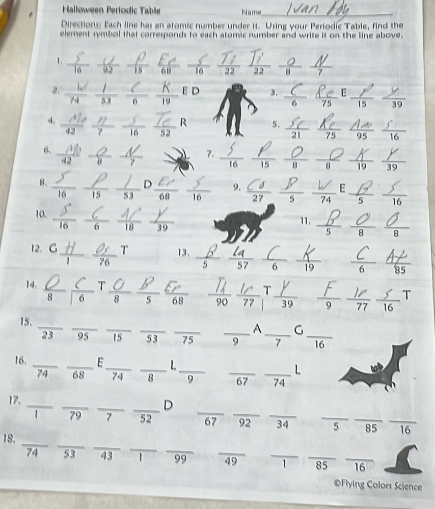 Halloween Perłodic Table Name_
Directions: Each line has an atomic number under it. Using your Periodic Table, find the
element symbol that corresponds to each atomic number and write it on the line above.
1 là frac 93 _ 15 _ol _1n _22 _  _8 4_
□ 
2.  l/53  _ frac 6 __ εD 3,  c/6  _ frac 75 _ E_
_
y 39
_
4、
_ frac 7 _ frac 16 _ 52 R
5._
_ overline 75 95 frac 16 _
_
_
_
6.
frac a
_
7._
_
_
15 8
__ 2  gamma /39 
8、 frac 16 _ _ 15 _
_D
E
frac 68 16_ 9, ; _ frac 5 _ overline 74 _  12/5  _  )/16 
10.
 6/6  _ _ frac 18 ,_ 11. _  15/5  _ 8 □  _ 8
12. a_
_T 13、 _  12/5  __ 6 _  7/19  _ frac 6 frac 85 _
76
14, __T _  U/8  _ .
overline o
a frac 6
T
60 _  71/90   17/77  _ ,  7/9  _ _ 77 _
__
__
15._
_A G
23 95 15 53 75 9 _7 _16
16、 __E_
__L
L
74 68 74 8 9 _67 _74
_
_
17._
_
_D
_
1 79 7 52 67 92 _34 _5 _85_
_
_
_
_
18, _16
74 53 43 1 99 _49 _1 _85 _16
©Flying Colors Science