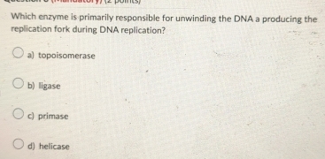 Which enzyme is primarily responsible for unwinding the DNA a producing the
replication fork during DNA replication?
a) topoisomerase
b) ligase
c) primase
d) helicase