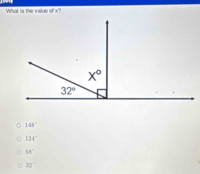 What is the value of x?
148°
124°
58°
32°