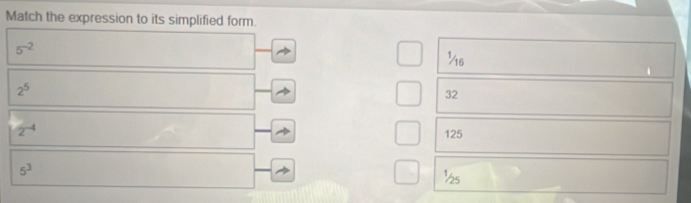 Match the expression to its simplified form.
5^(-2)
1/16

2^5
32
2^(-4)
125
5^3
½s