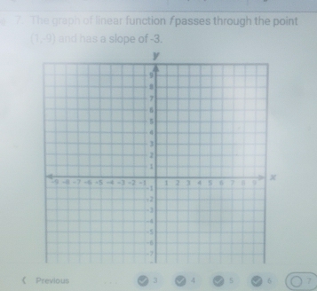 The graph of linear function fpasses through the point
(1,-9) and has a slope of -3. 
《 Previous 3 4 5 6 ?