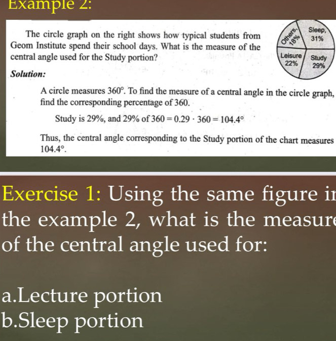 Example 2: 
The circle graph on the right shows how typical students from 
Geom Institute spend their school days. What is the measure of the 
central angle used for the Study portion? 
Solution: 
A circle measures 360°. To find the measure of a central angle in the circle graph, 
find the corresponding percentage of 360. 
Study is 29%, and 29% of 360=0.29· 360=104.4°
Thus, the central angle corresponding to the Study portion of the chart measures
104.4°. 
Exercise 1: Using the same figure ir 
the example 2, what is the measur 
of the central angle used for: 
a.Lecture portion 
b.Sleep portion