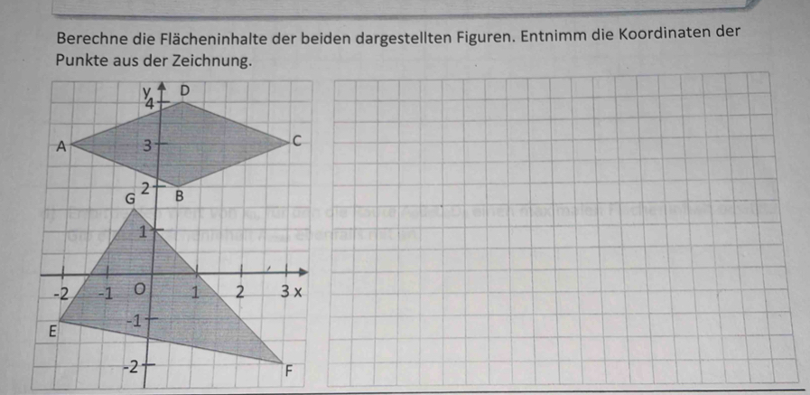 Berechne die Flächeninhalte der beiden dargestellten Figuren. Entnimm die Koordinaten der 
Punkte aus der Zeichnung.