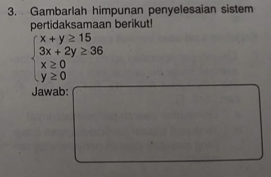 Gambarlah himpunan penyelesaian sistem 
pertidaksamaan berikut!
beginarrayl x+y≥ 15 3x+2y≥ 36 x≥ 0 y≥ 0endarray.
Jawab: