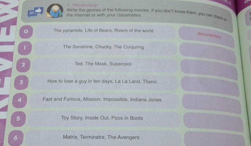 Vocabulary. 
Write the genres of the following movies. If you don't know them, you can chack 
the Internet or with your classmates. 
。 The pyramids, Life of Bears, Rivers of the world 
documentary 
1 
The Sunshine, Chucky, The Conjuring 
2 
Ted, The Mask, Supercool 
3 How to lose a guy in ten days, La La Land, Titanic 
4 Fast and Furious, Mission: Impossible, Indiana Jones 
5 Toy Story, Inside Out, Poos in Boots 
6 
Matrix, Terminator, The Avengers