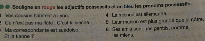 Souligne en rouge les adjectifs possessifs et en bleu les pronoms possessifs. 
Vos cousins habitent à Lyon. 4 La mienne est allemande. 
2 Ce n'est pas ma flûte ! C'est la sienne ! 5 Leur maison est plus grande que la nôtre. 
Ma correspondante est suédoise. 6 Ses amis sont très gentils, comme 
Et la tienne ? les miens.