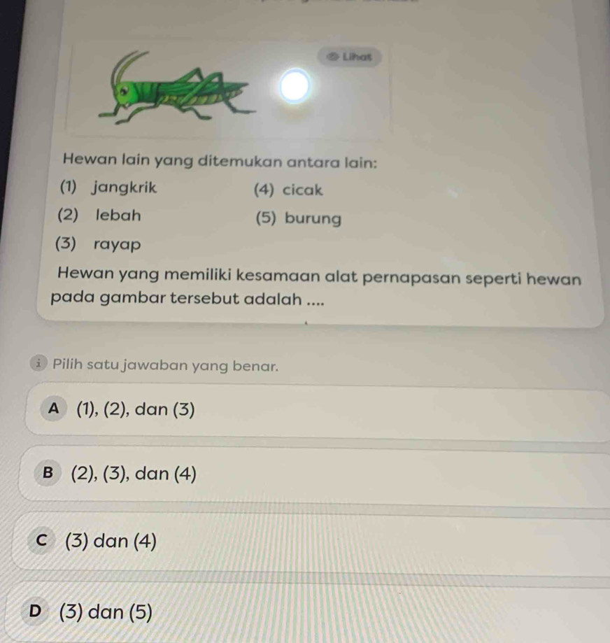 Lihas
Hewan lain yang ditemukan antara lain:
(1) jangkrik (4) cicak
(2) lebah (5) burung
(3) rayap
Hewan yang memiliki kesamaan alat pernapasan seperti hewan
pada gambar tersebut adalah ....
i Pilih satu jawaban yang benar.
A (1), (2), , dan (3)
B (2), (3), dan (4)
c (3) dan (4)
D (3) dan (5)