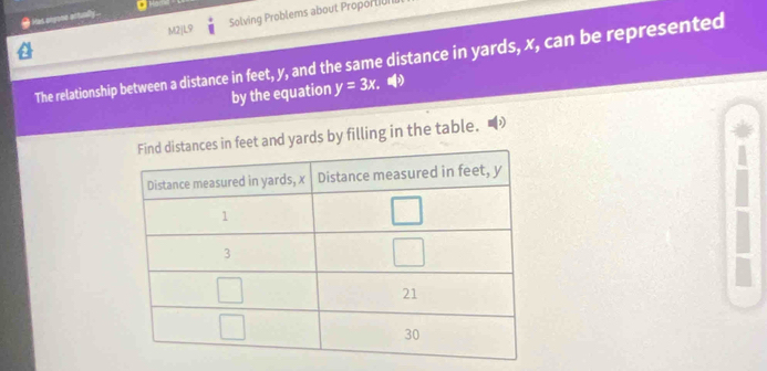 M2jL9 Solving Problems about Propor UUI
● Has ongone artunlly 
The relationship between a distance in feet, y, and the same distance in yards, x, can be represented
by the equation y=3x
eet and yards by filling in the table.