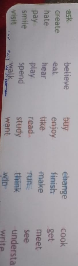 ask believe buy change cook 
create eat enjoy finish 
get 
hate hear like make meet 
pay play read 
see 
spend study 
smile think understa 
visit walk 
wạnt win write