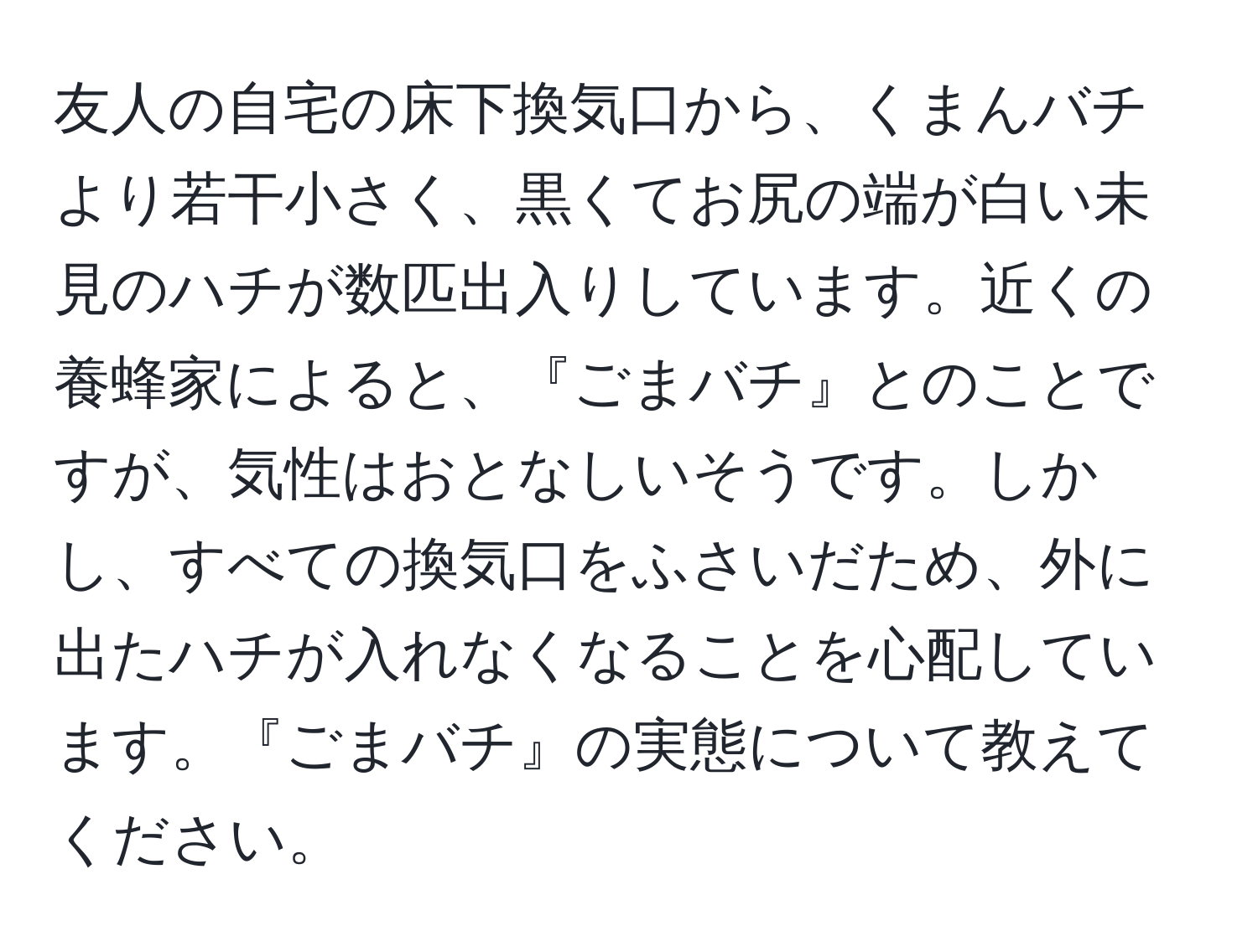 友人の自宅の床下換気口から、くまんバチより若干小さく、黒くてお尻の端が白い未見のハチが数匹出入りしています。近くの養蜂家によると、『ごまバチ』とのことですが、気性はおとなしいそうです。しかし、すべての換気口をふさいだため、外に出たハチが入れなくなることを心配しています。『ごまバチ』の実態について教えてください。