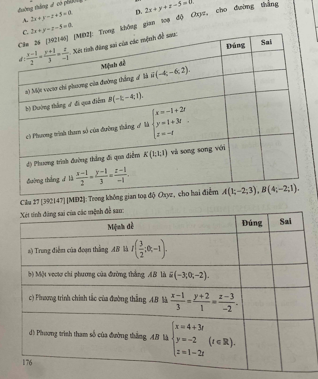 đường thắng đ có phường
A. 2x+y-z+5=0.
D. 2x+y+z-5=0.
g không gian toạ độ Oxyz, cho đường thắng
2x+y-z-5=0.
Câu 27 [392147] [MĐ2]: Trong kh